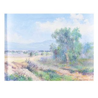 Isidro Martínez Colín. Vista de paisaje con árbol. Óleo sobre fibracel. Enmarcado. 14 x 19 cm