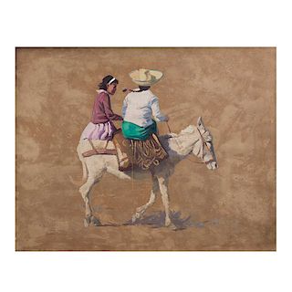 Mujeres a caballo. Siglo XX. Óleo sobre fibracel. Firmado Gerald Grace. Enmarcado. 55 x 70 cm