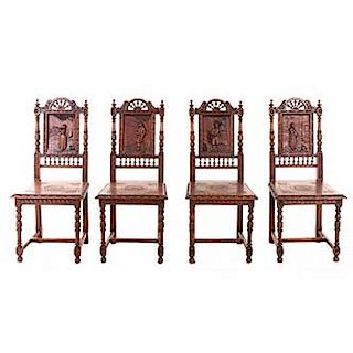 Lote de 4 sillas. Francia. Siglo XX. Estilo Bretón. En talla de madera de roble. Con respaldos semiabiertos, asientos de madera.