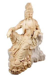 Large Chinese Carved Seated Guanyin Sculpture