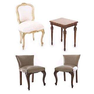 Lote de 3 sillas y mesa lateral Origen europeo SXX. En talla de madera. 2 decoradas con remaches y 2 con elementos florales y vegetales