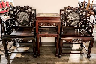 MARBLE INLAY ROSEWOOD CHAIRS & STAND SET, REPUBLICAN P.