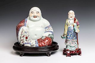 FAMILLE ROSE FIGURE OF HAPPY BUDDHA AND SHOLAO, LATE QING
