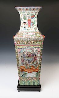 CANTON ROSE SQUARE FORM VASE W/ STAND, LATE QING