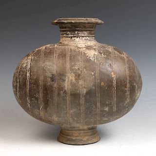 LARGE CHINESE BLACK POTTERY COCOON JAR, HAN DYNASTY