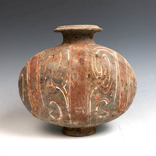 CHINESE POTTERY POLYCHROME PAINTED COCOON JAR, HAN