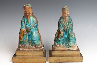 PAIR OF TURQUOISE GLAZE POTTERY FIGURES, EARLY MING DYNASTY