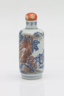 BLUE WHITE COPPER RED SNUFF BOTTLE CORAL LID, QING DYNASTY