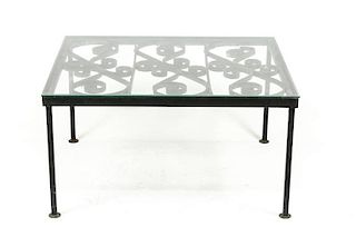 Iron Framed & Glass Top Table w/Scrolled Motif