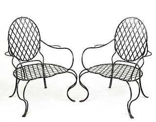 Pair of Italian Iron Weaved Patio Open Armchairs