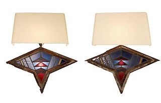 Pair of Art Deco Leaded & Stained Glass Sconces