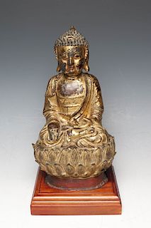 LACQUERED GILT BRONZE SEATED FIGURE OF BUDDHA SHAKYAMUNI