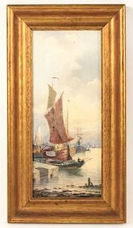 19th C. American School Signed O/C Boats in Harbor