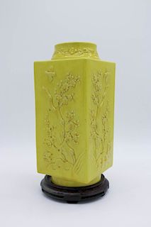 YELLOW GLAZED CONG FORM 'LANDSCAPE' VASE, LATE QING DYNASTY
