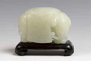 WHITE JADE ELEPHANT CARVING, WITH STAND
