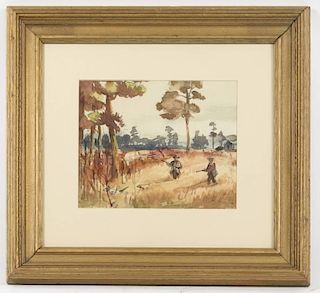 J. W. Martin Signed Watercolor, Men & Hunting Dogs
