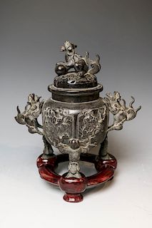 BRONZE BEAST CENSER WITH STAND, LATE QING
