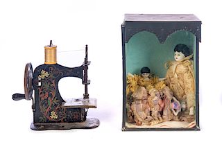 Child's Sewing Machine & 3 Antique Molded China Dolls
