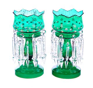 2 Emerald Art Glass Mantel Lusters