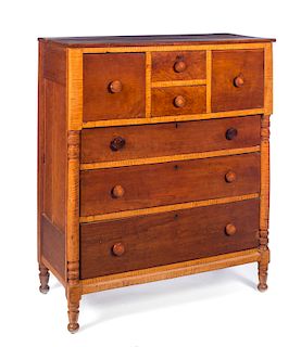 1800s Tiger Maple and Cherry Bonnet Chest