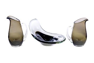 3 Pieces of Erickson Smoked Art Glass Pitchers Bowl