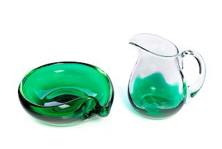 Erickson Green Art Glass Pitcher and Bowl
