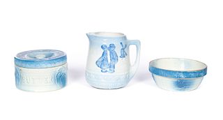 3 Pcs Blue Salt Glaze Stoneware including Butter