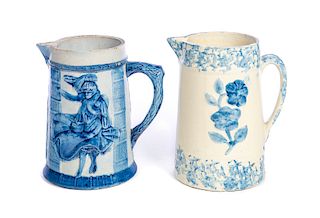 Blue and White Stoneware Pitcher and Windy City Pitcher