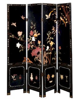 Oriental Black Lacquered Hardstone Dressing Screen