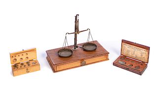 Antique Wood and Brass Scales with Weights