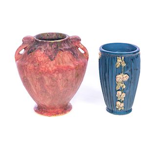 Roseville Carnelian II & Weller Blue Drapery Vases