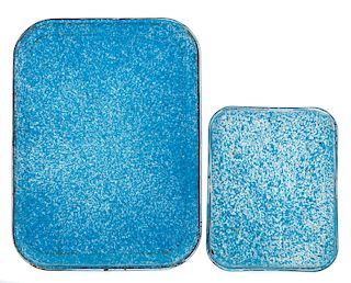 2 Blue & White Graniteware Trays