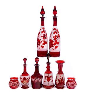 8 Etched Ruby Cut to Clear Bottles