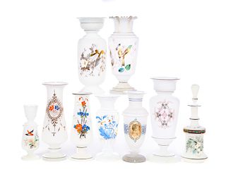 9 Victorian Satin Bristol Enameled Vases