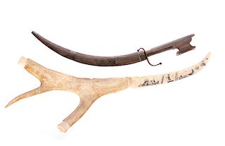 2 Ethnographic Swords, One Carved Antler