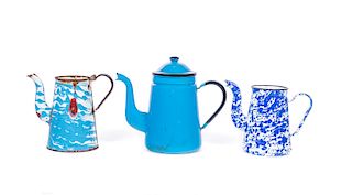 3 Blue and White Graniteware Coffee Pots