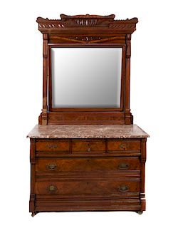 Walnut Victorian Eastlake Marble Top Dresser & Mirror