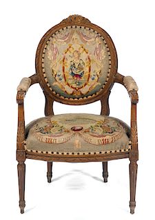 French Needle Point Tapestry Carved Arm Chair