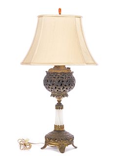 Carved Victorian Brass & Onyx Banquet Lamp