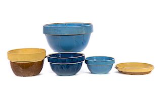 5 Blue and Yellow Stoneware Mixing Bowls