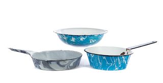 3 Blue, Purple and White Graniteware Pans
