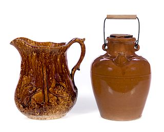 Rockingham Pitcher and Brown Stoneware Jug with Spout
