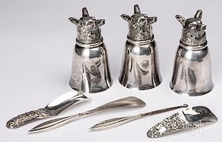 Three silver plated fox head cups, etc.
