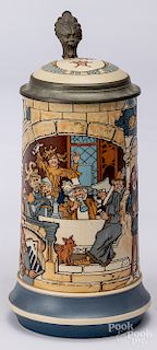 Mettlach knight and jester castle party stein
