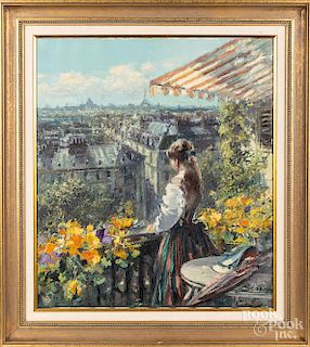 Oil on canvas of a woman on a balcony