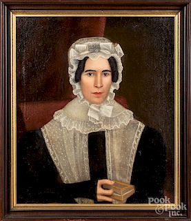 American oil on canvas folk portrait of a woman