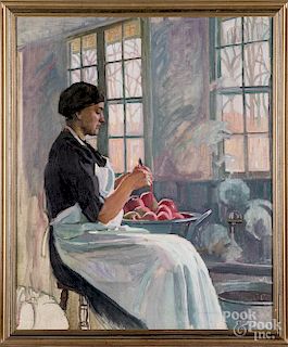 Oil on canvas of a woman peeling apples