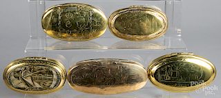 Five Dutch engraved brass snuff boxes