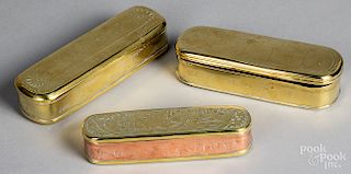 Three Dutch engraved brass snuff boxes