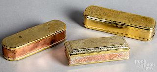Three Dutch engraved brass snuff boxes